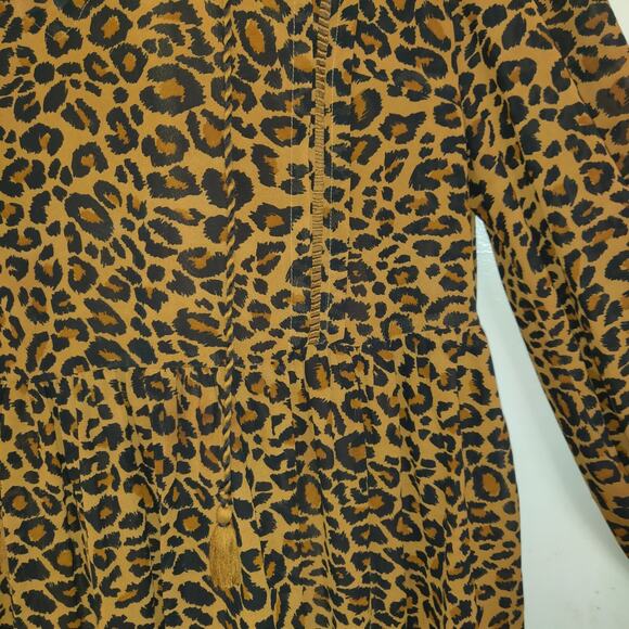 Time And Tru LEOPARD Babydoll SMOCK Dress BOHO Hippie Peasant Animal Sz L 12-14 - Picture 5 of 15